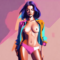 A digital art image of a confident young woman dressed in a stylish outfit, sans underwear