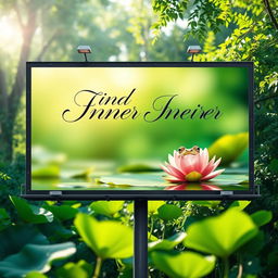 A vibrant advertisement billboard for a yoga studio, featuring a calm and serene frog sitting on a water lily