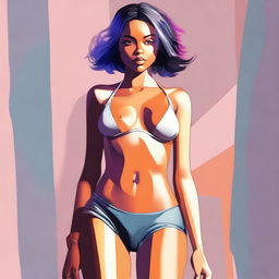 A digital art image of a confident young woman dressed in a stylish outfit, sans underwear