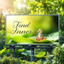 A vibrant advertisement billboard for a yoga studio, featuring a calm and serene frog sitting on a water lily