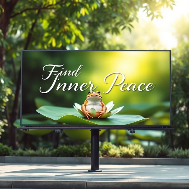 A vibrant advertisement billboard for a yoga studio, featuring a calm and serene frog sitting on a water lily