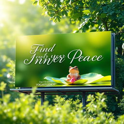 A vibrant advertisement billboard for a yoga studio, featuring a calm and serene frog sitting on a water lily