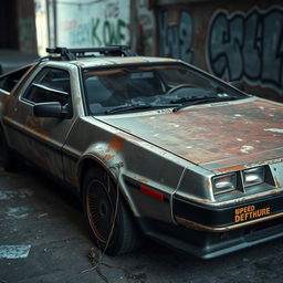 A highly detailed and realistic image of a DeLorean car, showcasing extensive wear and tear