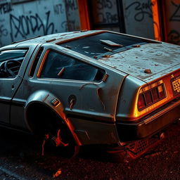 A highly detailed and realistic image of a DeLorean car, showcasing extensive wear and tear