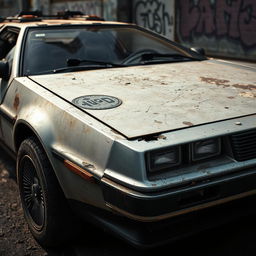 A highly detailed and realistic image of a DeLorean car, showcasing extensive wear and tear
