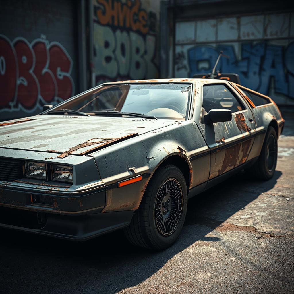 A highly detailed and realistic image of a DeLorean car, showcasing extensive wear and tear