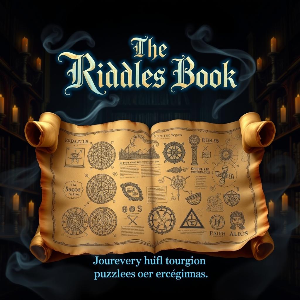 An intriguing book cover for 'The Riddles Book', showcasing a mysterious, aged parchment scroll unfurling in the center of the cover