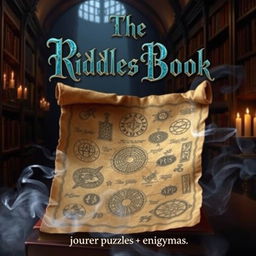An intriguing book cover for 'The Riddles Book', showcasing a mysterious, aged parchment scroll unfurling in the center of the cover