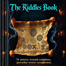 An intriguing book cover for 'The Riddles Book', showcasing a mysterious, aged parchment scroll unfurling in the center of the cover