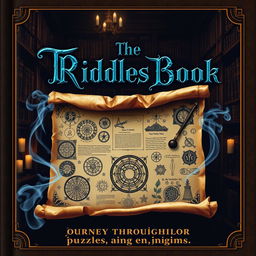 An intriguing book cover for 'The Riddles Book', showcasing a mysterious, aged parchment scroll unfurling in the center of the cover