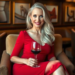 A mature woman exuding confidence and grace, with long flowing silver hair, bright blue eyes, and a warm, inviting smile
