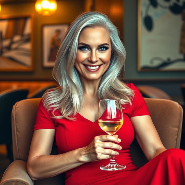 A mature woman exuding confidence and grace, with long flowing silver hair, bright blue eyes, and a warm, inviting smile