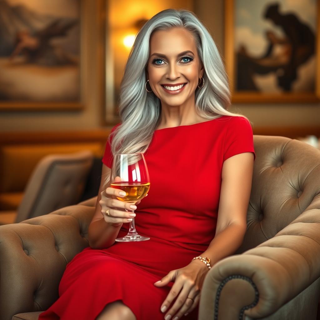 A mature woman exuding confidence and grace, with long flowing silver hair, bright blue eyes, and a warm, inviting smile