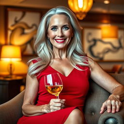 A mature woman exuding confidence and grace, with long flowing silver hair, bright blue eyes, and a warm, inviting smile