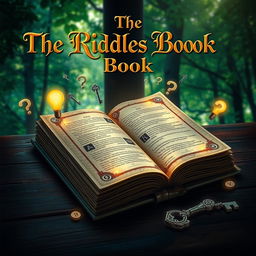 A captivating book cover for 'The Riddles Book', featuring an ornate, ancient-looking tome lying open on a dark wood table