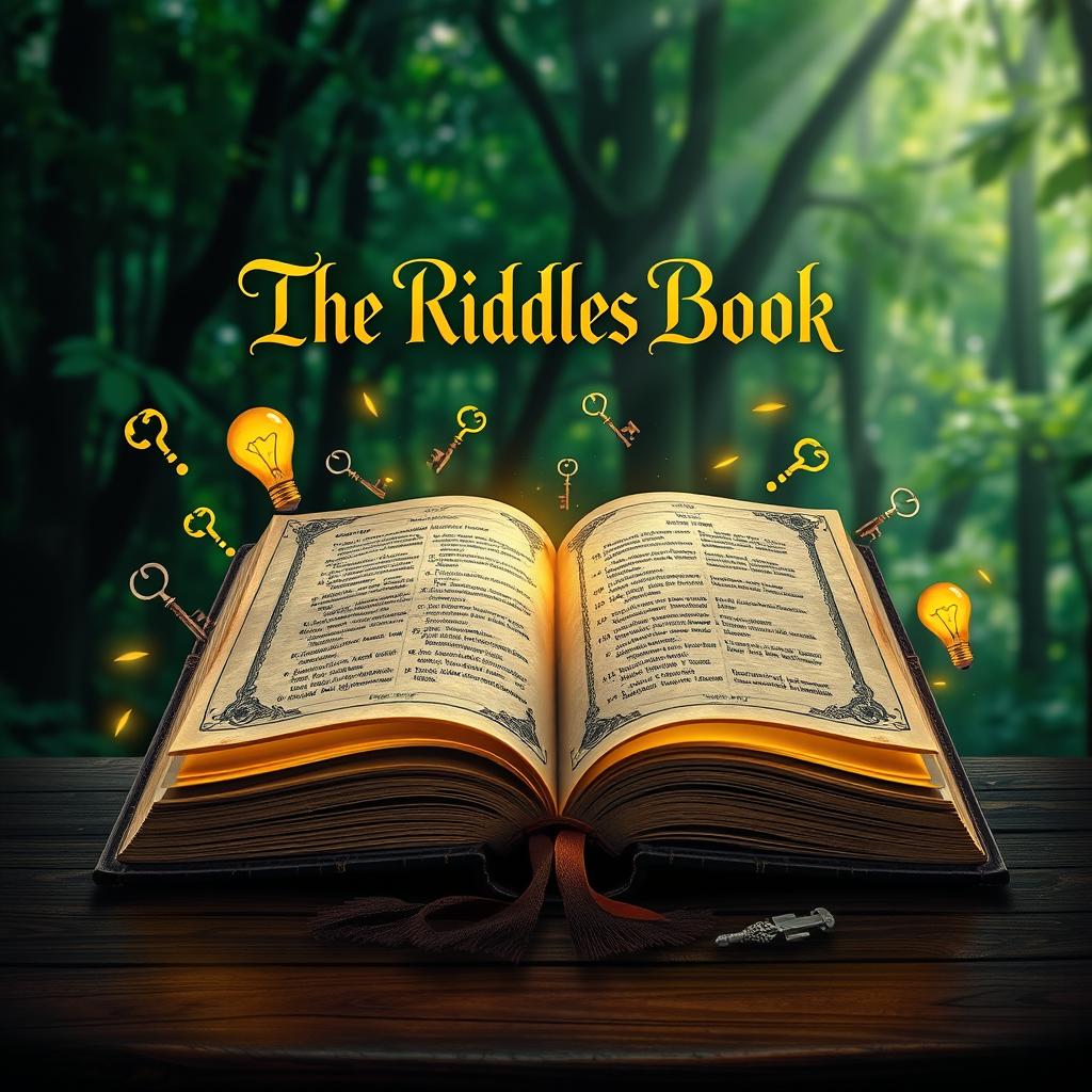 A captivating book cover for 'The Riddles Book', featuring an ornate, ancient-looking tome lying open on a dark wood table
