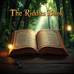 A captivating book cover for 'The Riddles Book', featuring an ornate, ancient-looking tome lying open on a dark wood table