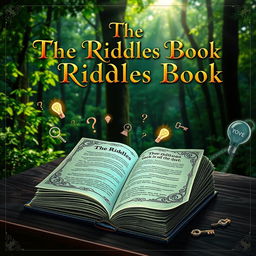 A captivating book cover for 'The Riddles Book', featuring an ornate, ancient-looking tome lying open on a dark wood table