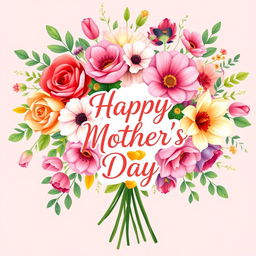 A beautiful greeting card design for Mother's Day or a special occasion, featuring a vibrant bouquet of colorful flowers, such as roses, tulips, and daisies, with delicate leaves and greenery in the background