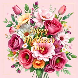 A beautiful greeting card design for Mother's Day or a special occasion, featuring a vibrant bouquet of colorful flowers, such as roses, tulips, and daisies, with delicate leaves and greenery in the background