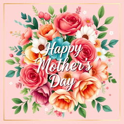 A beautiful greeting card design for Mother's Day or a special occasion, featuring a vibrant bouquet of colorful flowers, such as roses, tulips, and daisies, with delicate leaves and greenery in the background