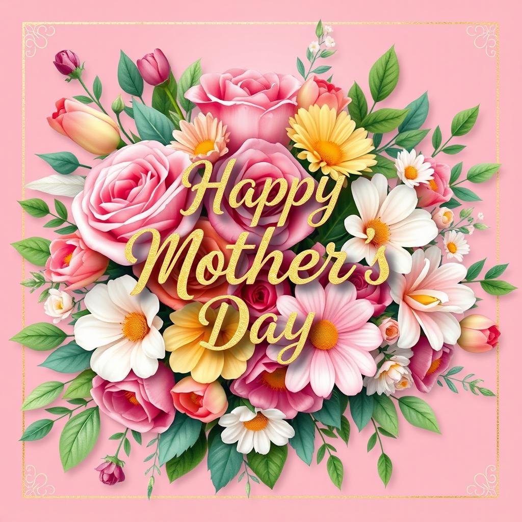 A beautiful greeting card design for Mother's Day or a special occasion, featuring a vibrant bouquet of colorful flowers, such as roses, tulips, and daisies, with delicate leaves and greenery in the background