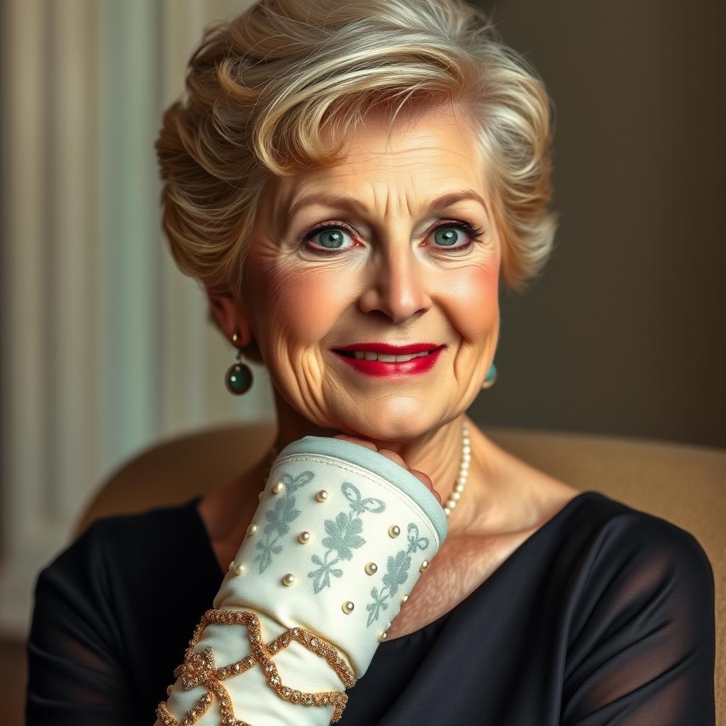 A hyperrealistic portrait of actress Angela Lansbury in her sixties, showcasing her iconic features with an expressive look