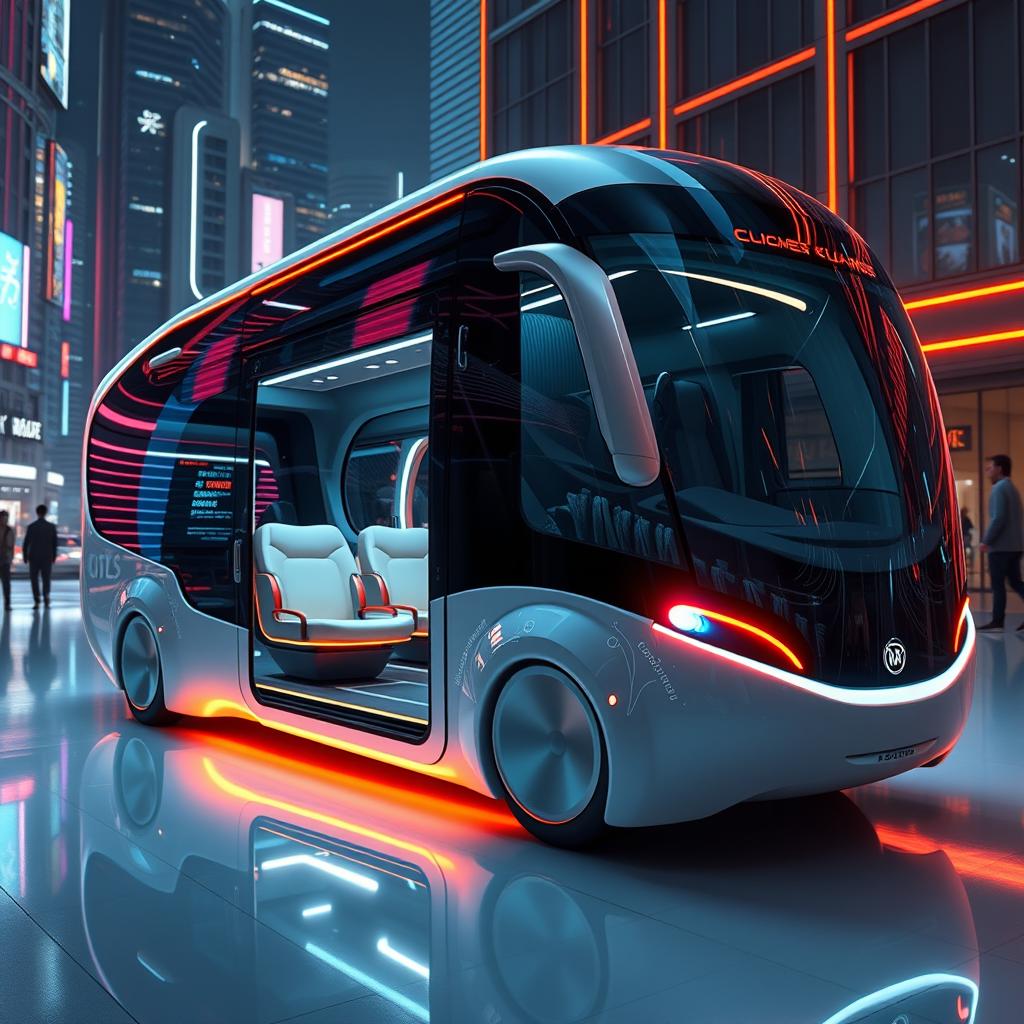 A futuristic bus designed for adults, featuring a curvy, round, and soft aesthetic, with smooth lines and a sleek appearance