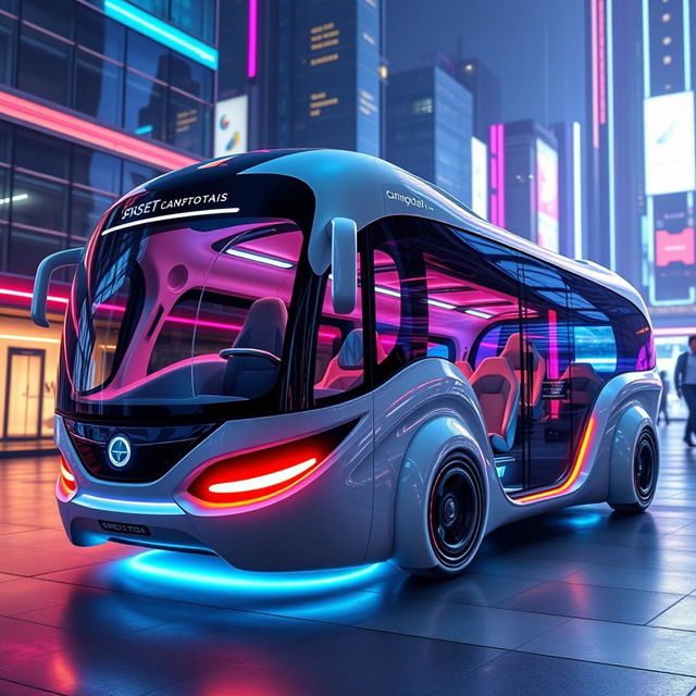 A futuristic bus designed for adults, featuring a curvy, round, and soft aesthetic, with smooth lines and a sleek appearance