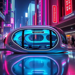 A futuristic bus designed for adults, featuring a curvy, round, and soft aesthetic, with smooth lines and a sleek appearance