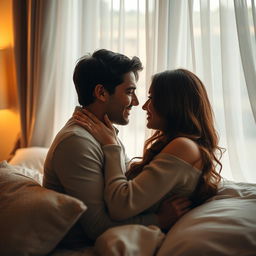 An intimate scene of a couple embracing in a warm, softly lit room