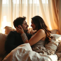 An intimate scene of a couple embracing in a warm, softly lit room