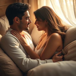 An intimate scene of a couple embracing in a warm, softly lit room