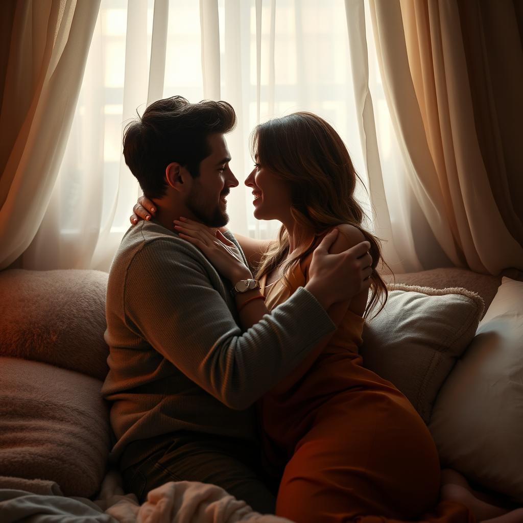 An intimate scene of a couple embracing in a warm, softly lit room