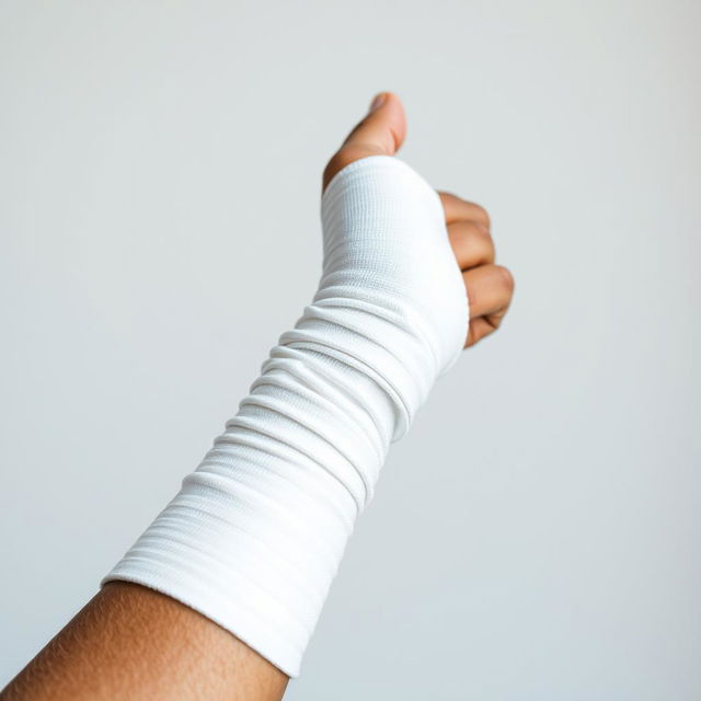 A close-up shot of a human arm with a broken bone in a cast