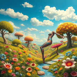 A surreal landscape featuring a fantastical scene where a body is whimsically positioned to the right side of a dreamy, colorful backdrop