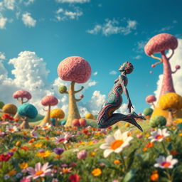 A surreal landscape featuring a fantastical scene where a body is whimsically positioned to the right side of a dreamy, colorful backdrop
