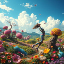 A surreal landscape featuring a fantastical scene where a body is whimsically positioned to the right side of a dreamy, colorful backdrop