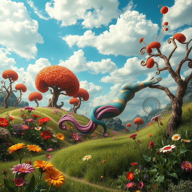 A surreal landscape featuring a fantastical scene where a body is whimsically positioned to the right side of a dreamy, colorful backdrop