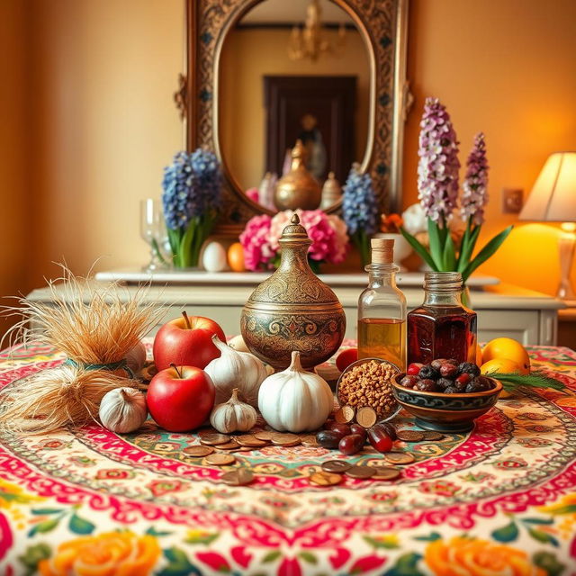 A beautifully arranged Haft-Seen table, showcasing the traditional Persian New Year's spread