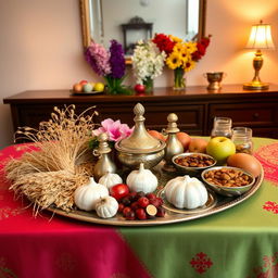 A beautifully arranged Haft-Seen table, showcasing the traditional Persian New Year's spread