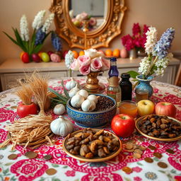 A beautifully arranged Haft-Seen table, showcasing the traditional Persian New Year's spread