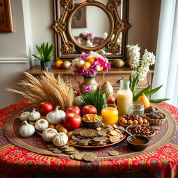 A beautifully arranged Haft-Seen table, showcasing the traditional Persian New Year's spread