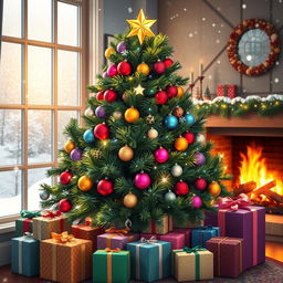 A beautifully decorated Christmas tree featuring colorful ornaments, twinkling lights, and a shining star on top