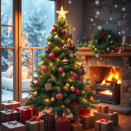A beautifully decorated Christmas tree featuring colorful ornaments, twinkling lights, and a shining star on top