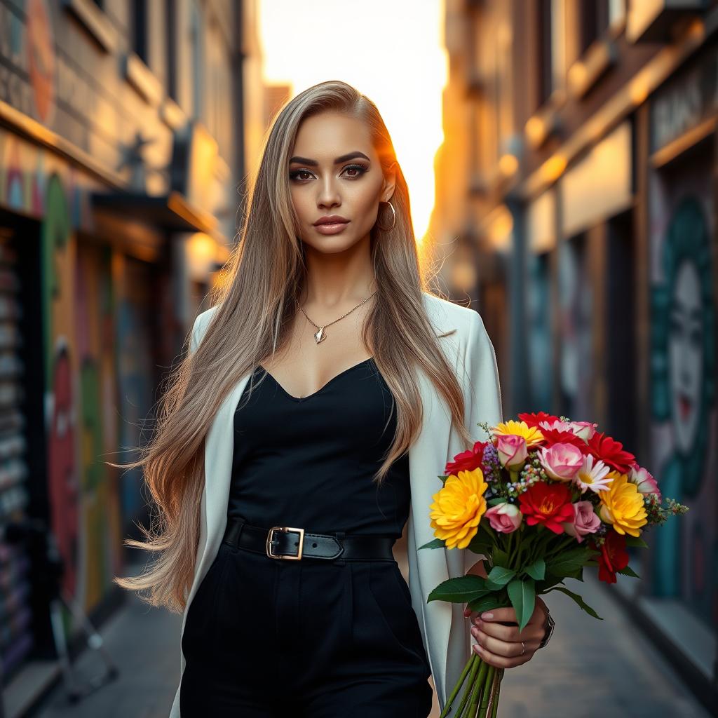 An elegant, confident transgender woman with long flowing hair, wearing a stylish outfit that combines modern fashion trends with vintage elements