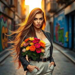 An elegant, confident transgender woman with long flowing hair, wearing a stylish outfit that combines modern fashion trends with vintage elements