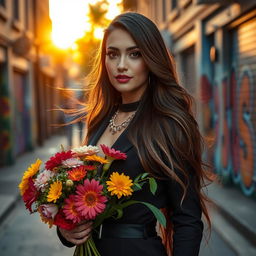An elegant, confident transgender woman with long flowing hair, wearing a stylish outfit that combines modern fashion trends with vintage elements
