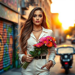 An elegant, confident transgender woman with long flowing hair, wearing a stylish outfit that combines modern fashion trends with vintage elements