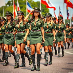 A stunning scene of hot female military officers in green skirt uniforms, showcasing their confident stance during a parade